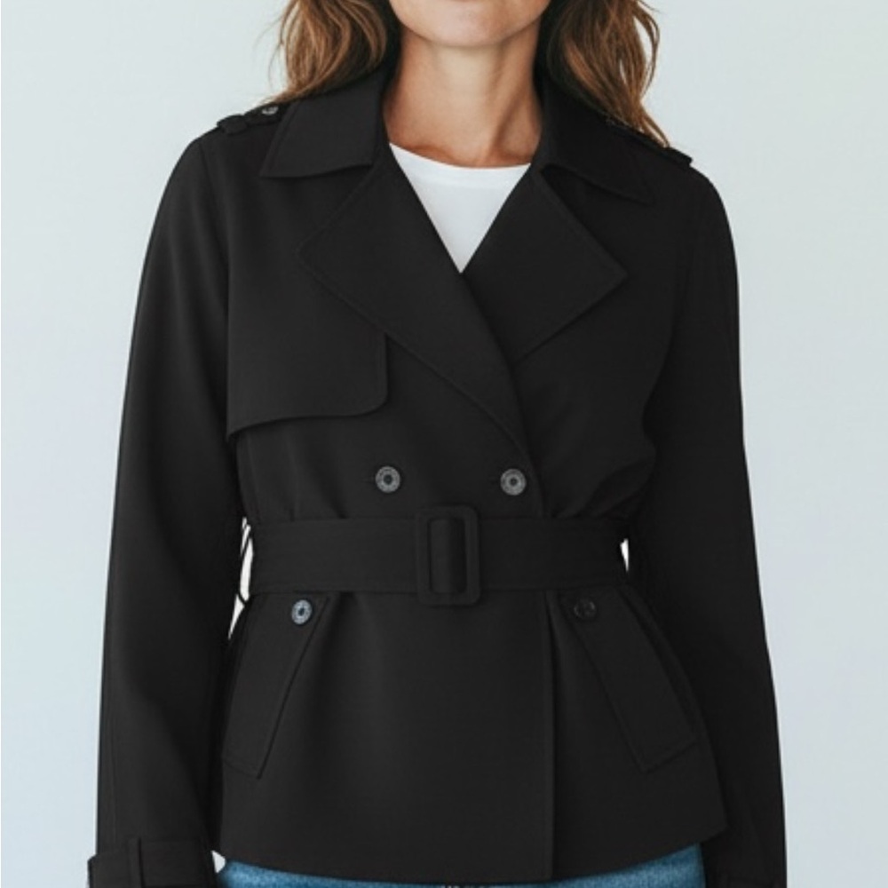 Yansi Fugel Black blazer type short trench  Coat with Belt Sz 10